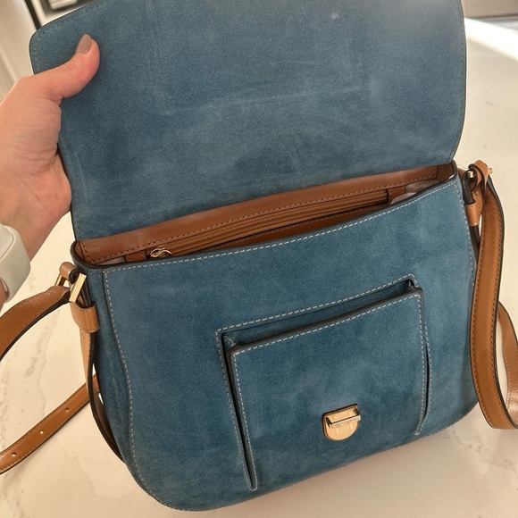 MICHAEL KORS ROMY DENIM BLUE SUEDE BROWN CROSSBODY MESSENGER BAG SATCHEL - Picture 14 of 16